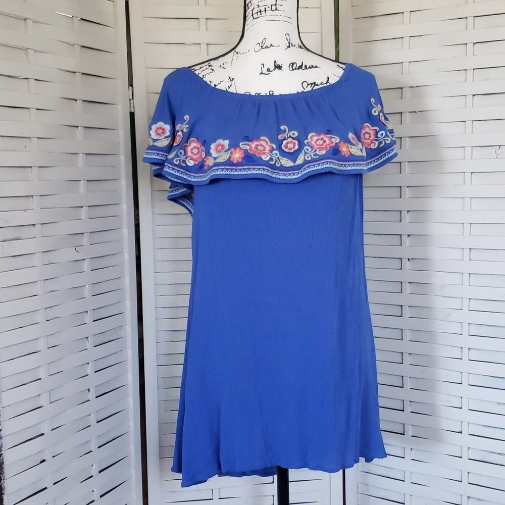 The Impeccble Pig royal blue embroidery off shoulders mini dress size